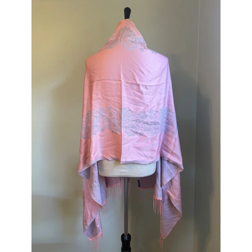 Silk Cashmere Shawl Scarf Pink Lavender Floral Lace Wrap boho dainty fringe fest